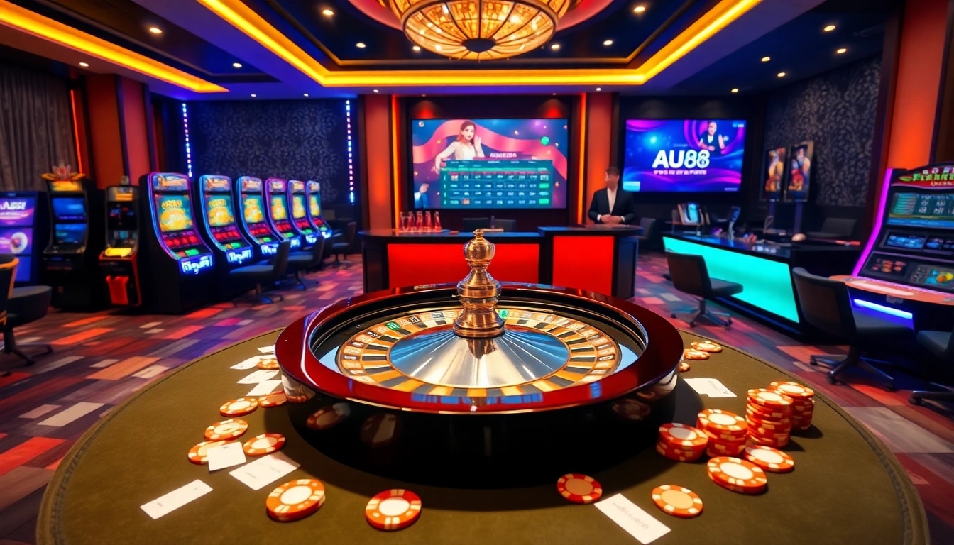Experience the thrill at AU88 with vibrant casino visuals featuring roulette and slot machines.