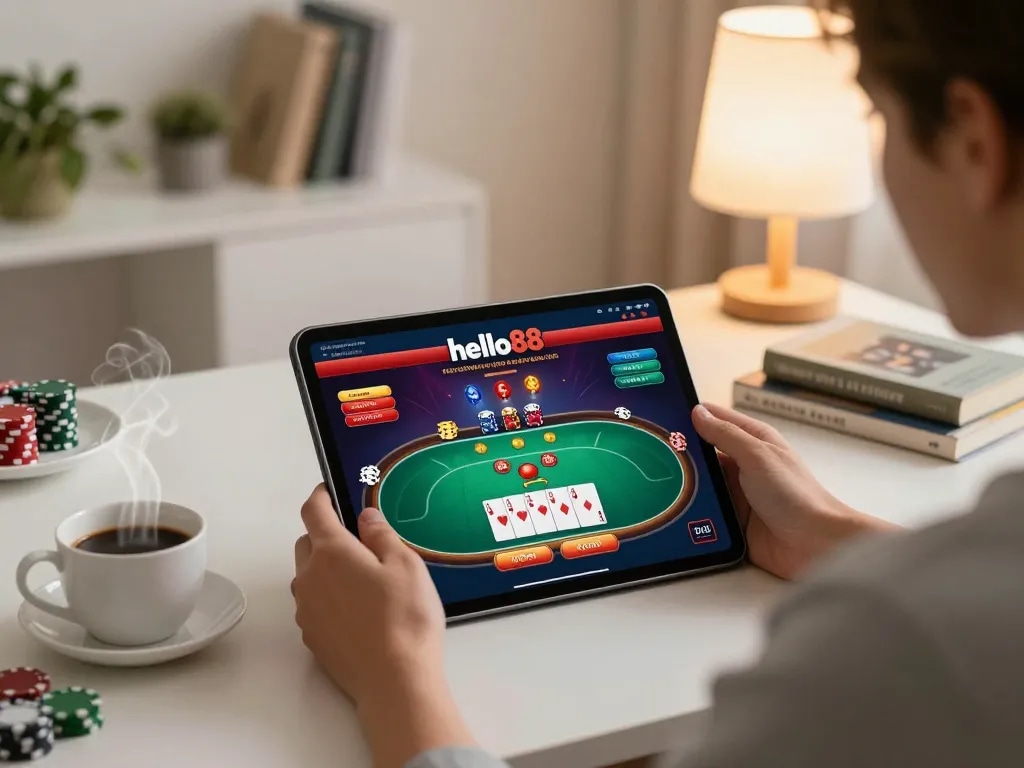 Player engaging in hello88 online gaming with vibrant tablet display, creating a warm, cozy gambling atmosphere.