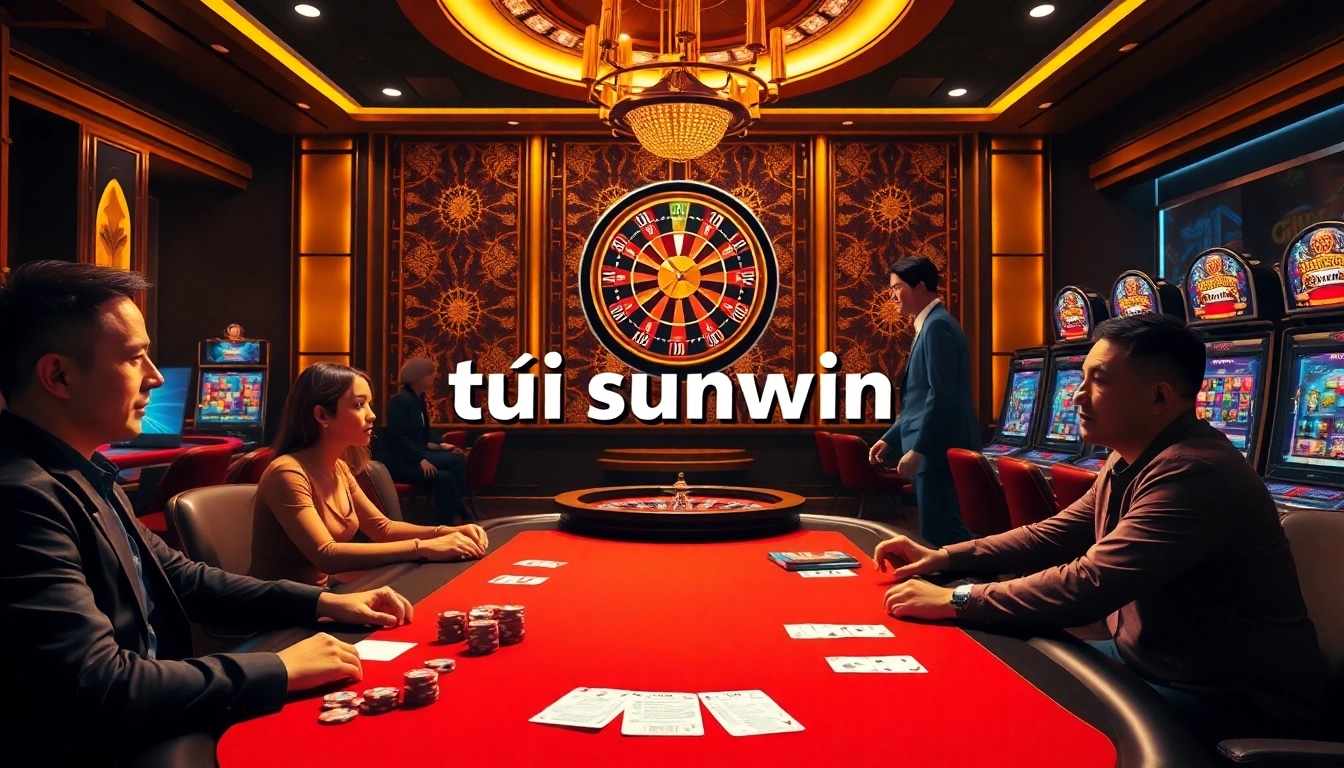 Experience the thrill of online gambling with tải sunwin showcased in a vibrant casino scene featuring poker and roulette.