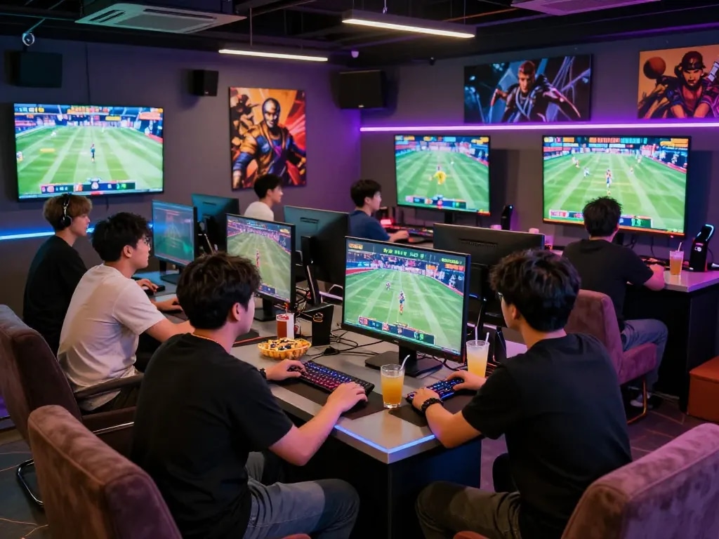 Players enjoying exciting bk8 gaming experience in a lively lounge atmosphere.