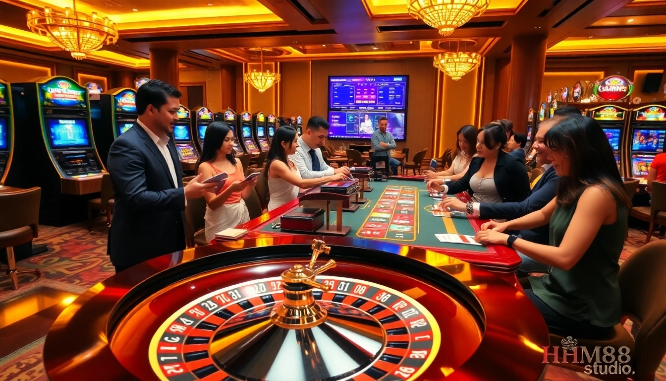 Engage with the excitement of https://hm88.studio/ in a vibrant casino scene of roulette and players.