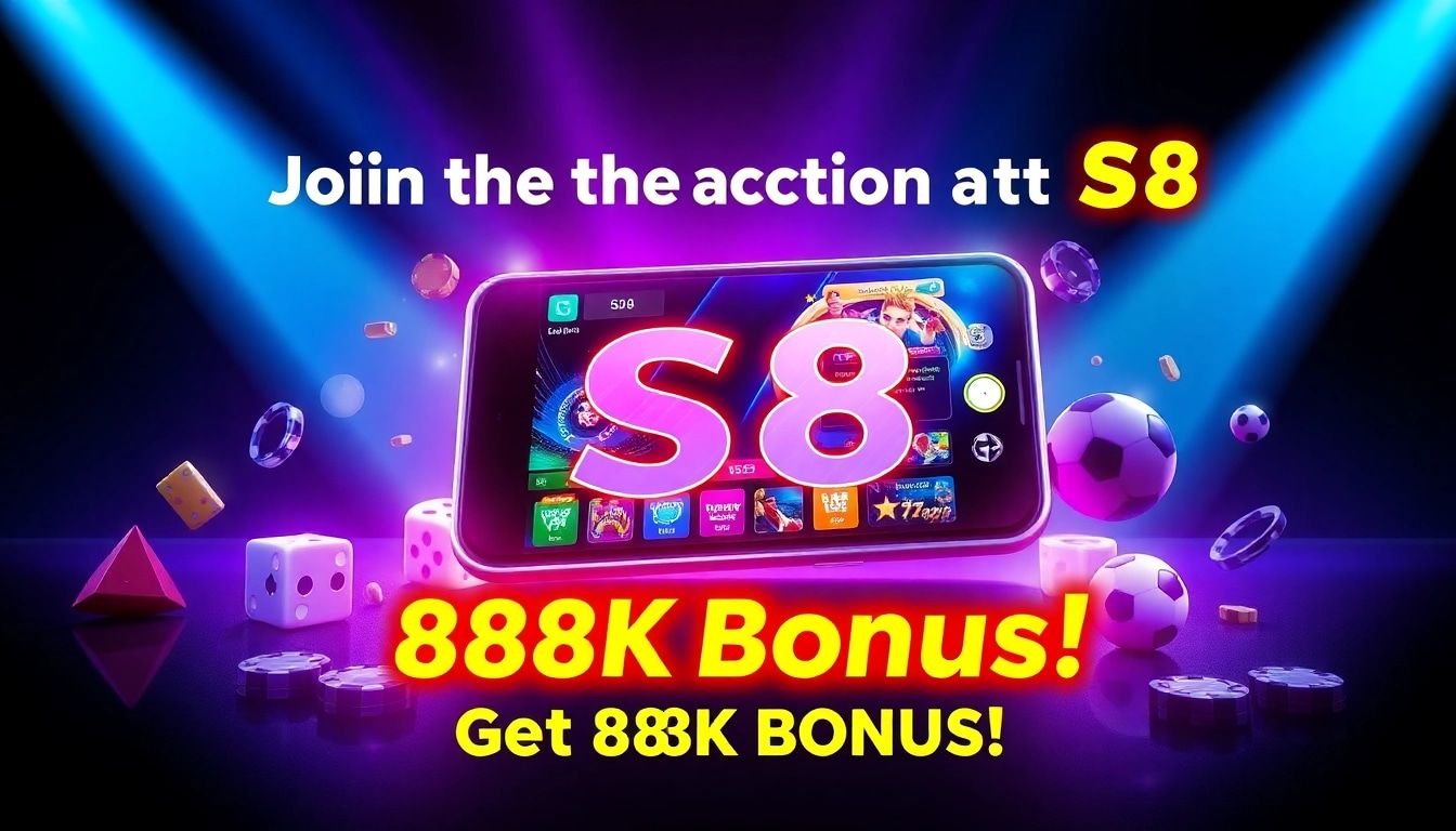 S8 mobile gaming app on smartphone showcasing vibrant games with a 888K bonus offer.