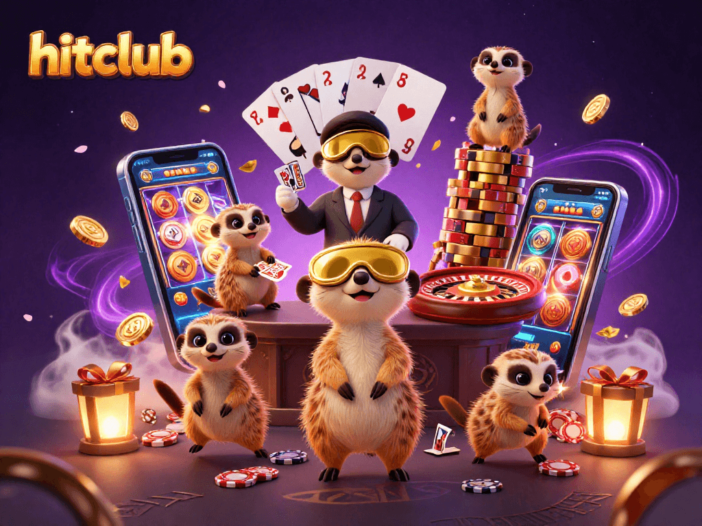 Hitclub meerkats operate an exciting casino, showcasing vibrant games and chips.