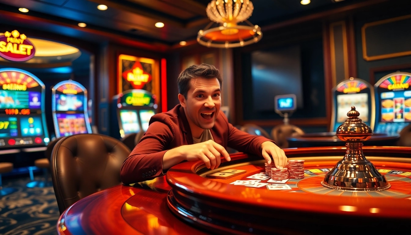 Capture the excitement of a high-stakes game at https://sclub88.app/ featuring vibrant tables, poker chips, and luxurious casino elements.