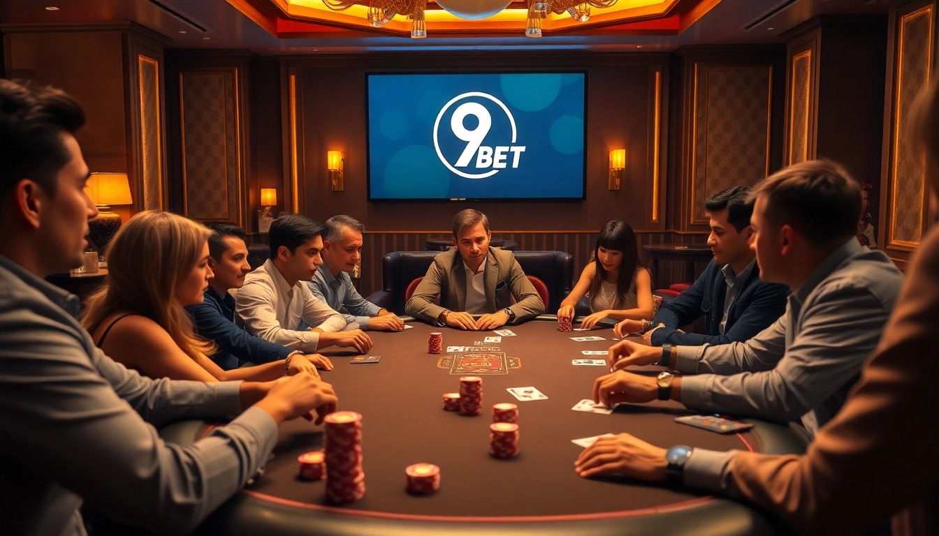 Players at a high-stakes poker table engaging in thrilling gameplay at 9 BET casino.