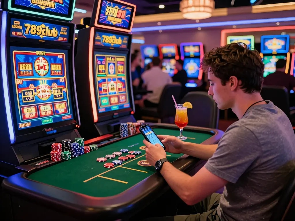 Engaging scene of a player enjoying online gambling with 789club app amidst colorful casino atmosphere.
