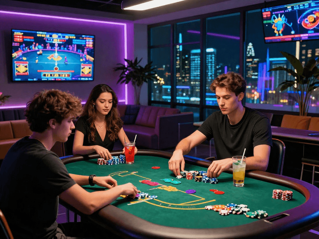 Exciting gameplay at non UK online casinos, showcasing vibrant poker scene and modern gaming atmosphere.