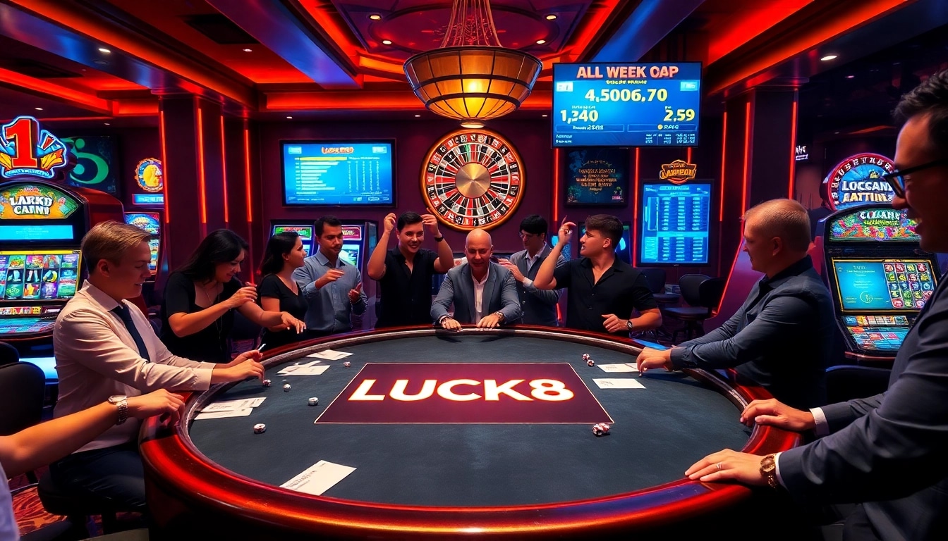 LUCK8 players enjoying a vibrant poker game at a luxurious casino setting with thrilling action.