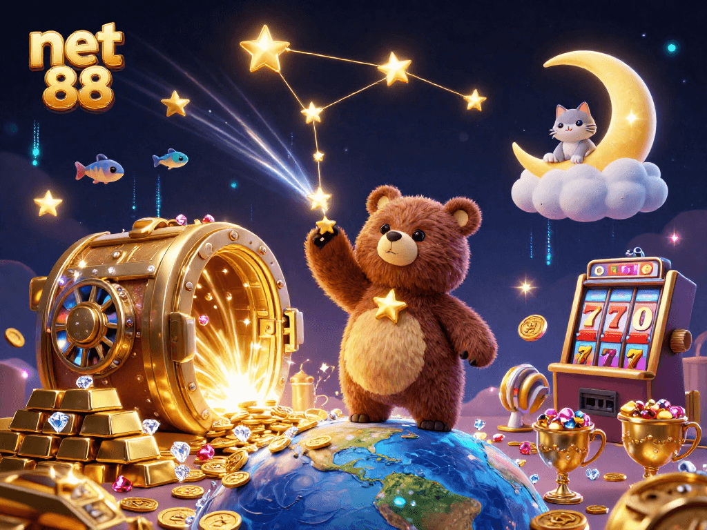 Spin and win with net 88 featuring a vibrant 3D illustration of captivating casino elements.