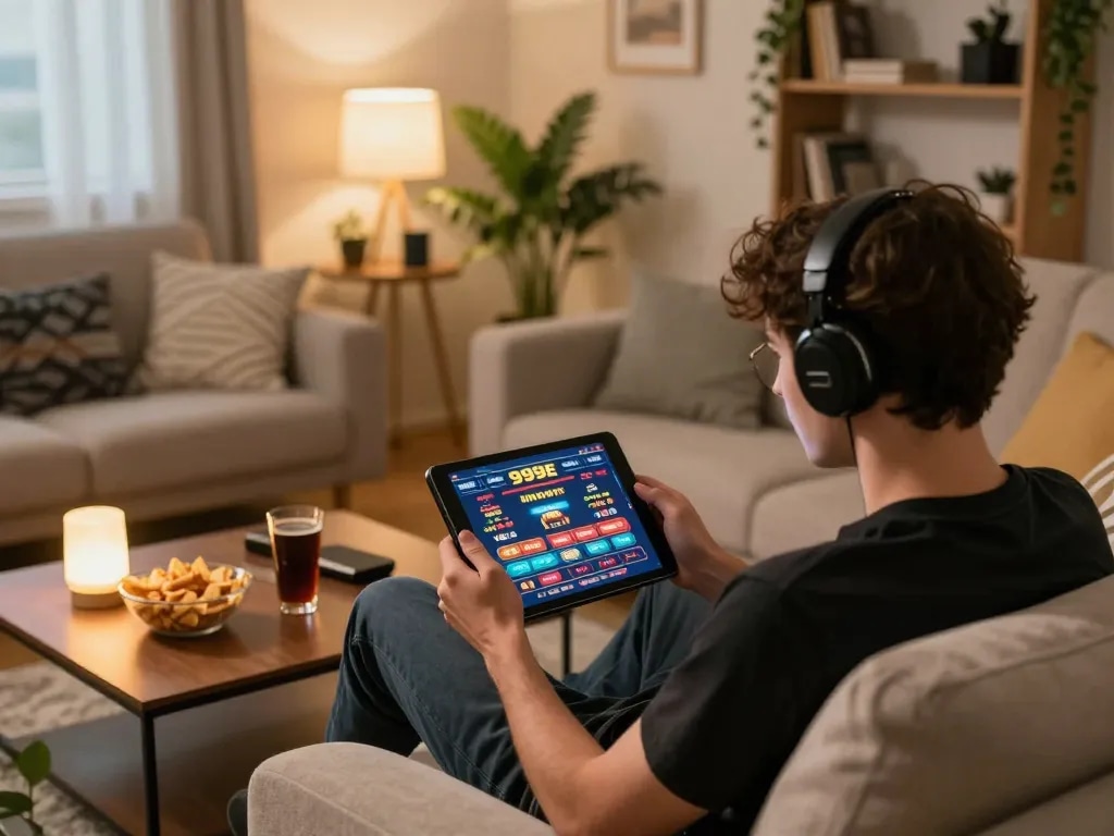 Player engaging with the 999E online casino app while enjoying a cozy home environment.