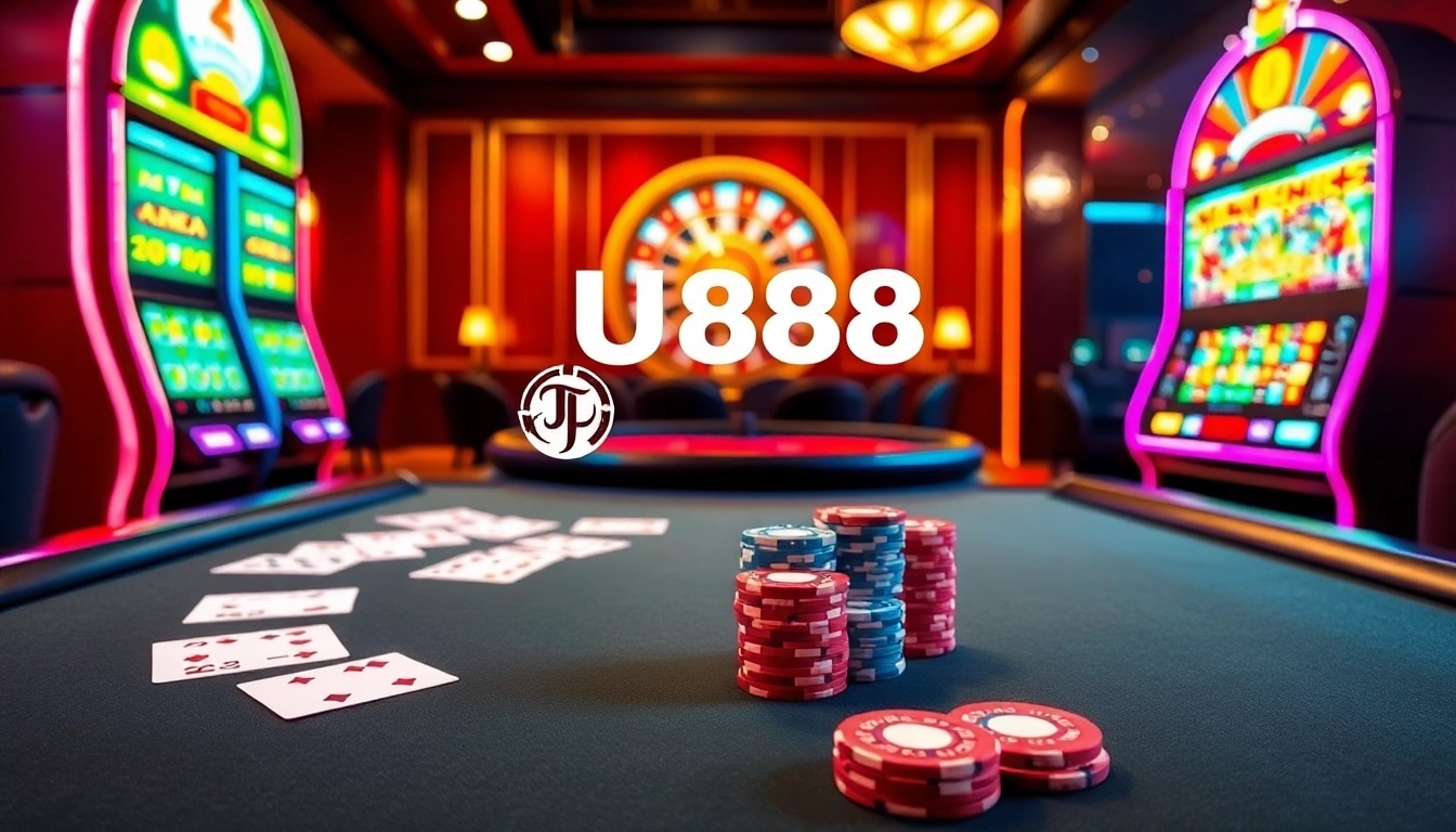 Players enjoying thrilling games at U888, featuring poker tables, slot machines, and a dynamic casino atmosphere.