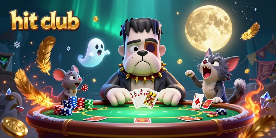 Hit club scene showcasing a cartoon bulldog dealing cards and a werewolf kitten howling.