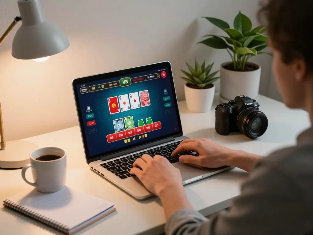Engaged in online gaming at a nhà cái uy tín, a player analyzes cards and calculates bets thoughtfully.