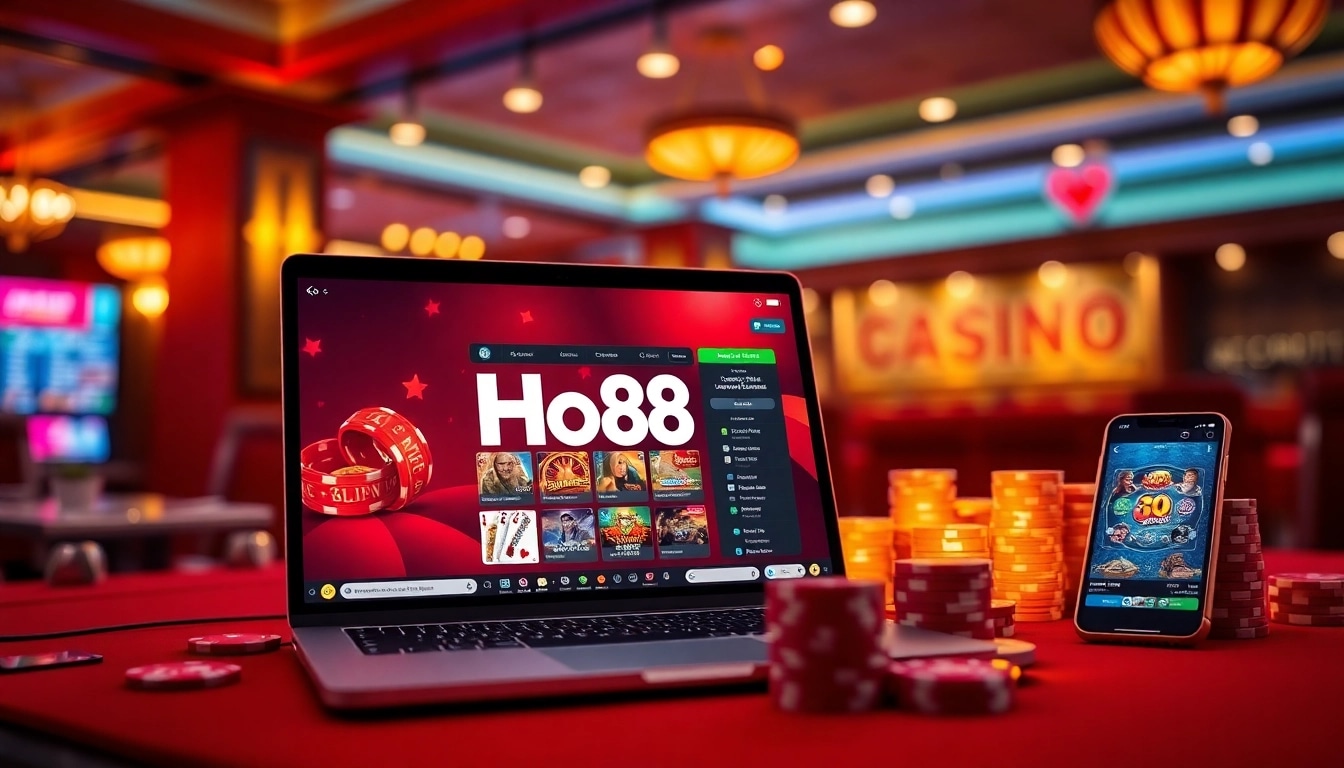 Ho88 online casino vibrant environment with laptop and app interface