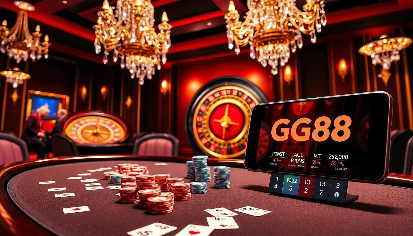Exciting GG88 casino gaming scene with luxurious tables, cards, and betting elements.
