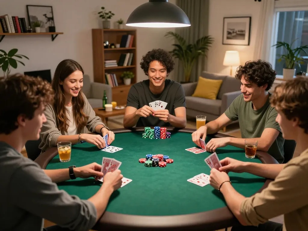 Friends enjoying a poker game at home while using the okwin platform for an exciting experience.