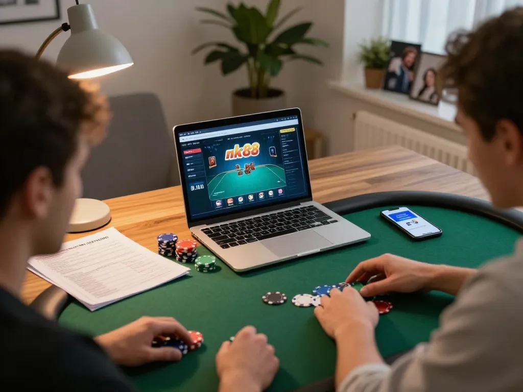 Players strategizing on nk88 during home poker session with laptop and notes visible