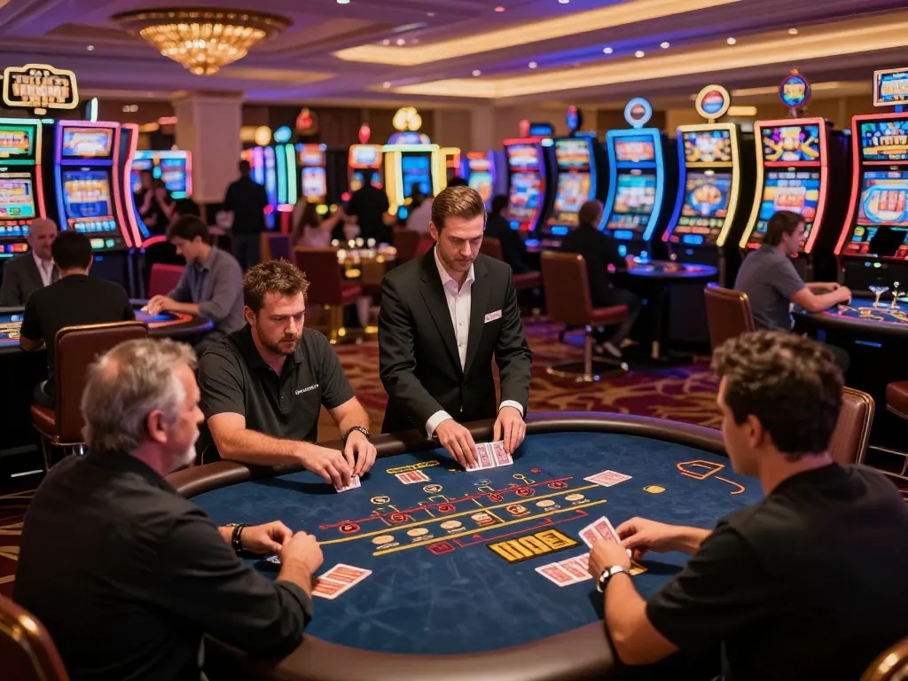 Players enjoying intense blackjack gameplay at 9bet.works, vibrant casino atmosphere filled with excitement