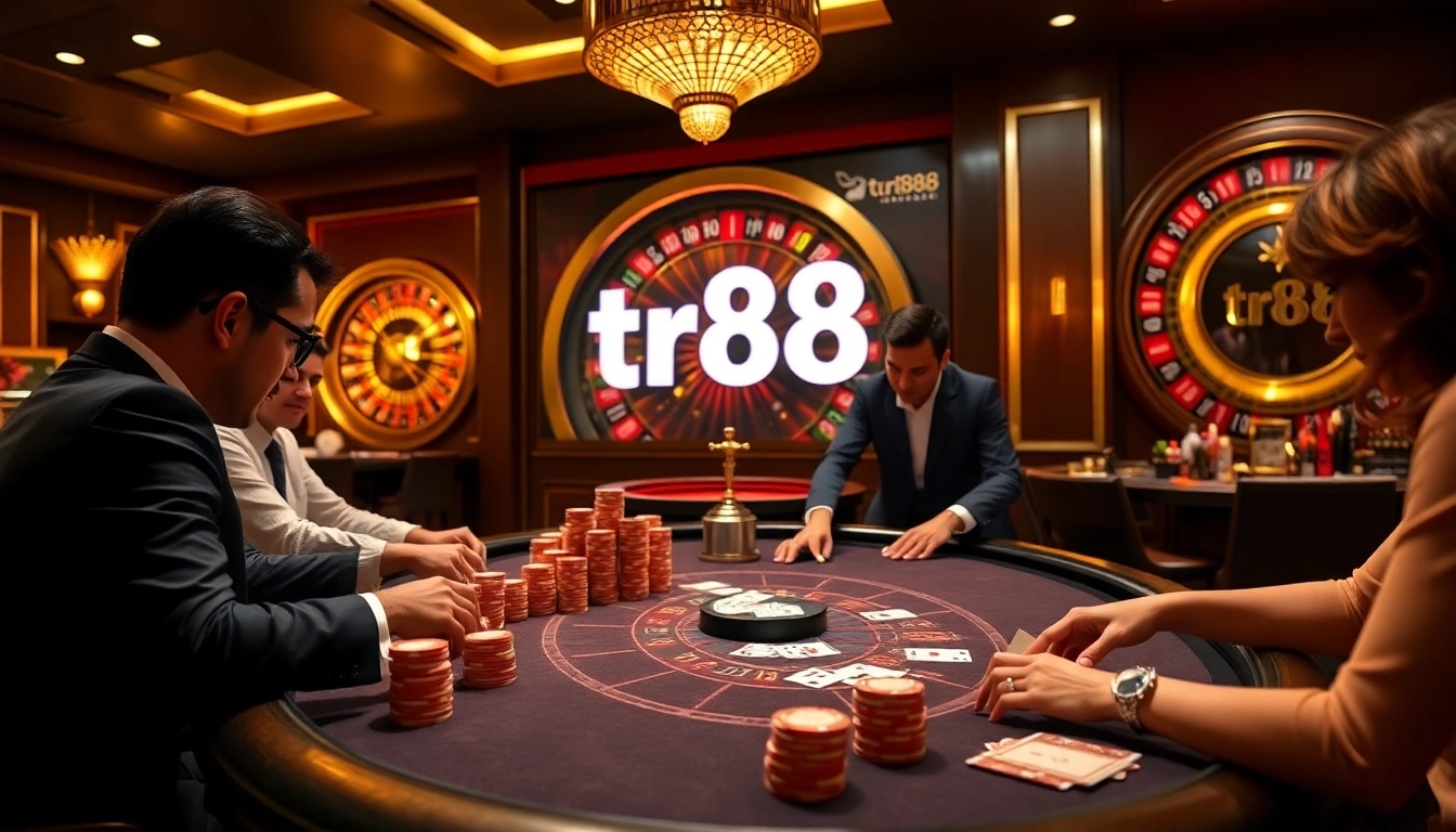 Players at a high-stakes poker table enjoying a thrilling game at tr88 casino.