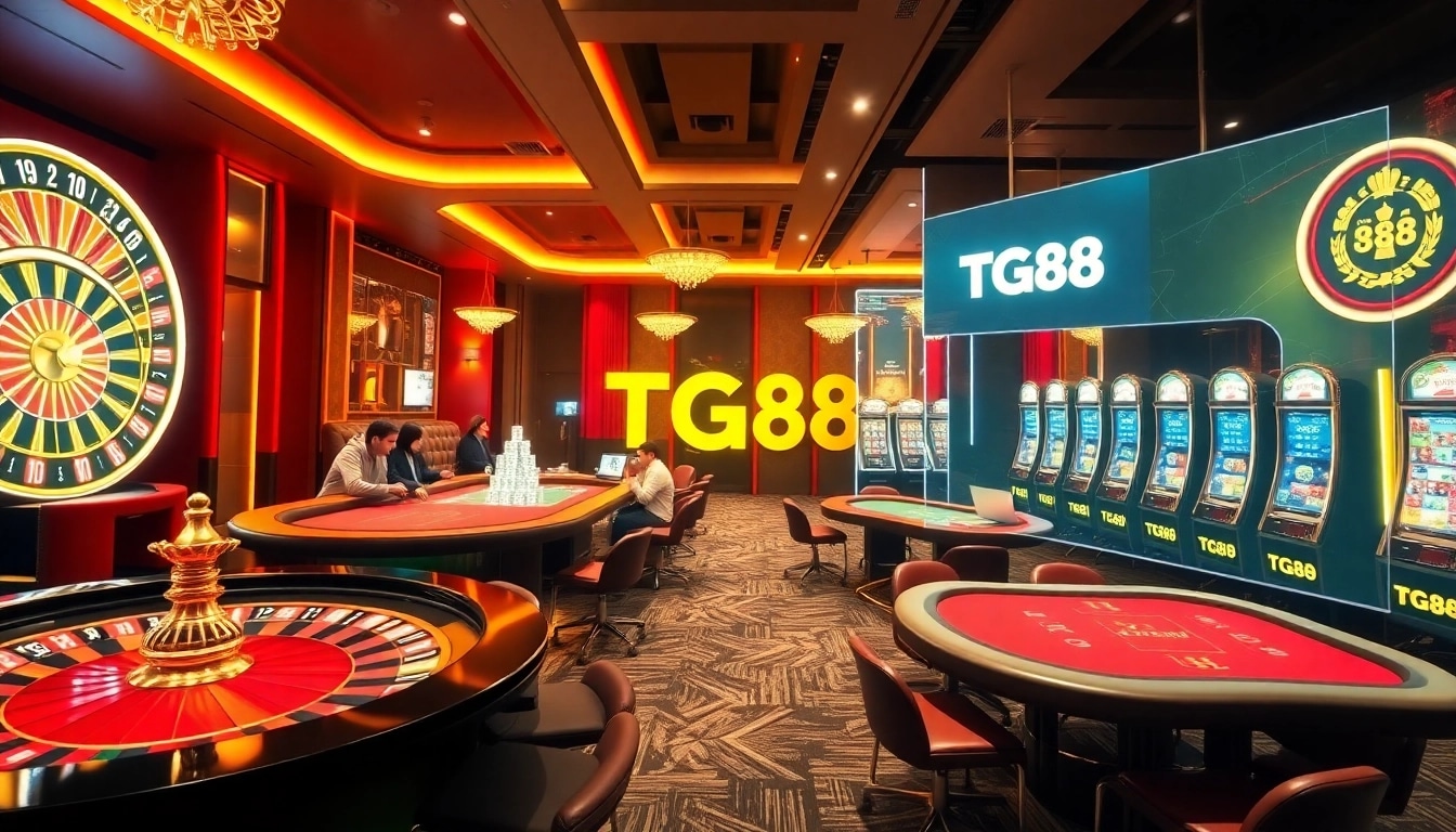 Experience thrilling gaming at https://tg88.to/ with players enjoying poker and roulette at a vibrant online casino.