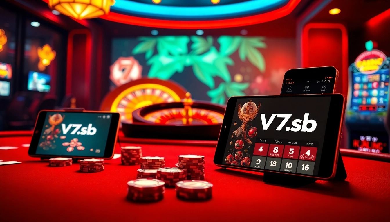 Exciting online gambling experience featuring V7sb.com with poker chips, cards, and a roulette wheel.