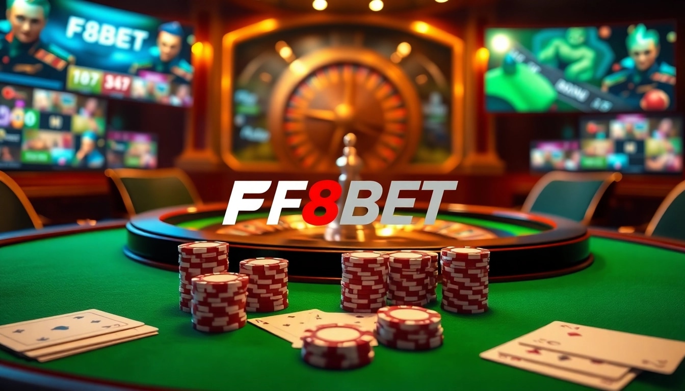 Experience the excitement of F8BET with luxury casino elements, poker chips, and vibrant gaming visuals.