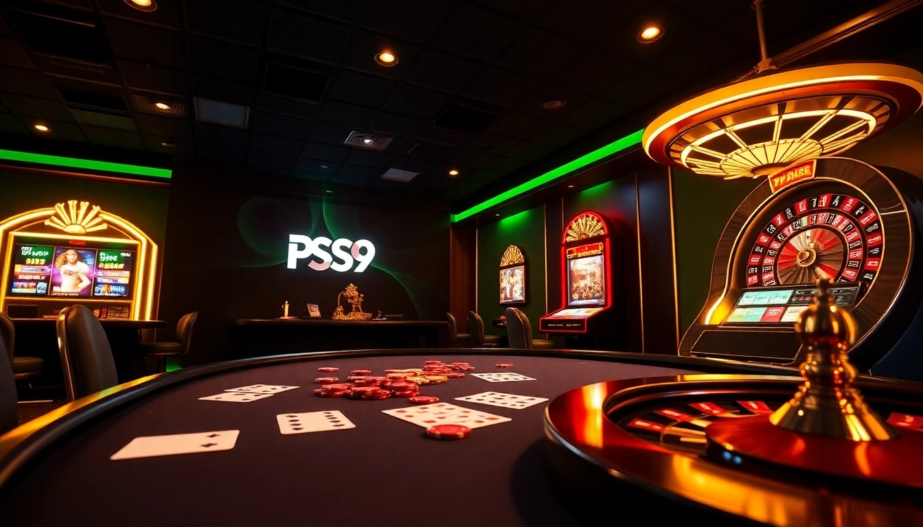Experience thrilling gaming at PS99 casino with poker chips, cards, and a roulette wheel.