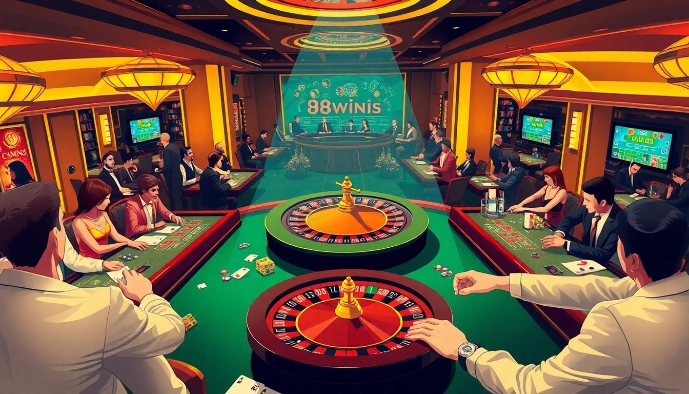 Experience luxury and excitement at 98WIN casino, with players engaging in roulette and card games.
