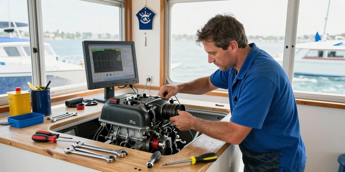 Boat engine repair scene showing a mechanic at work with tools and diagnostic screens.