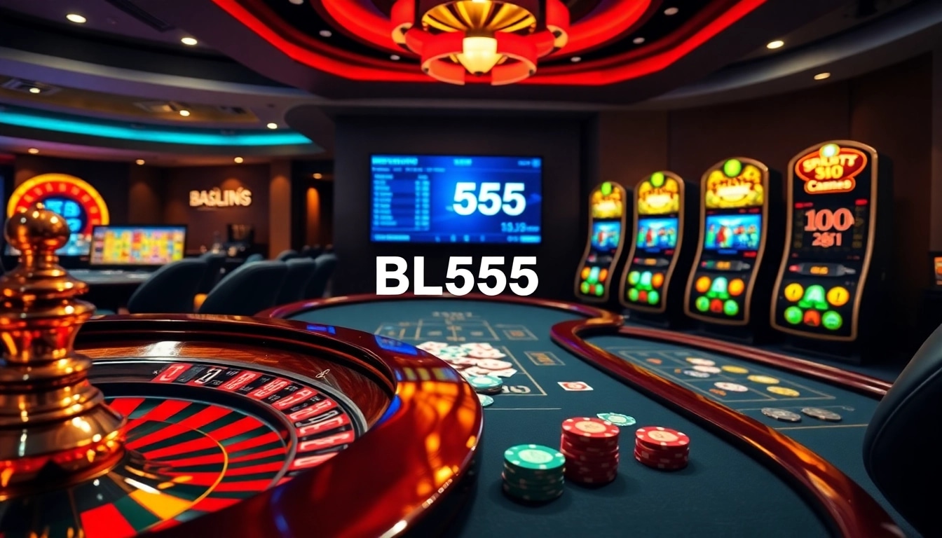 A dynamic online casino scene featuring BL555 with vibrant slot machines and poker tables.