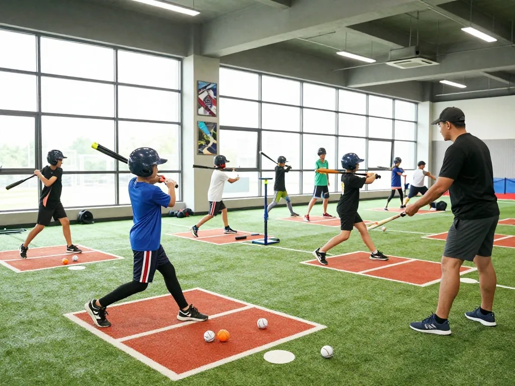 Young athletes training at Hitclub baseball facility, showcasing dedication and teamwork.