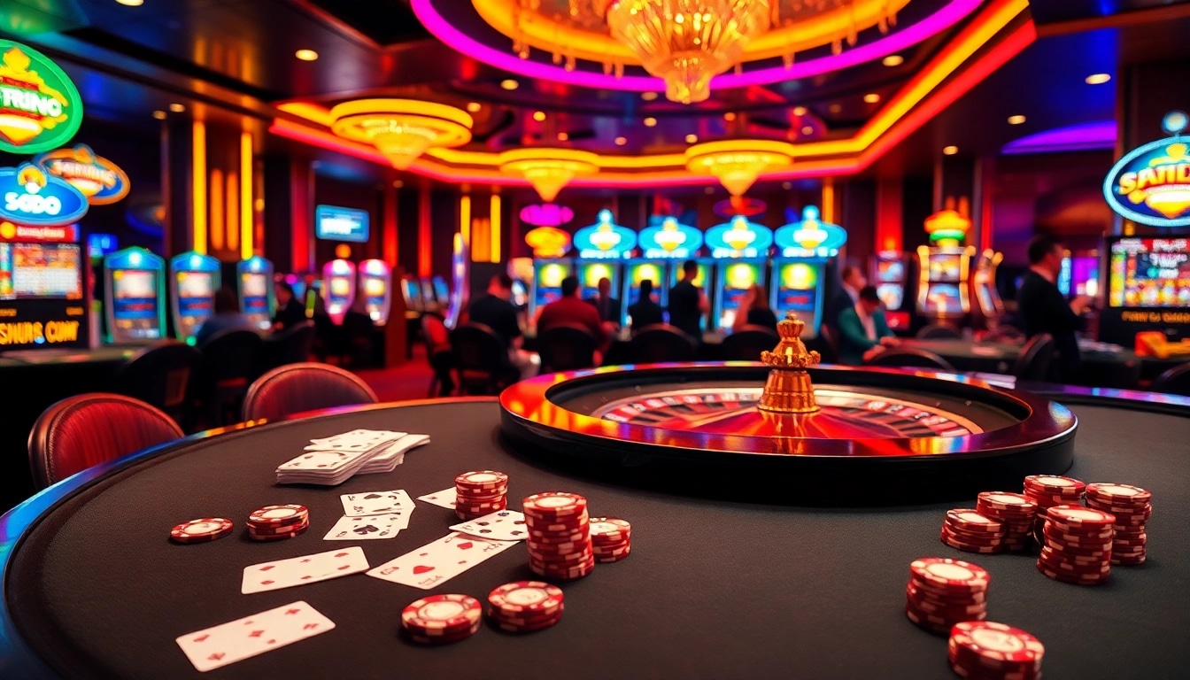 Players enjoy thrilling poker and casino games at SODO, with vibrant tables and roulette wheels.