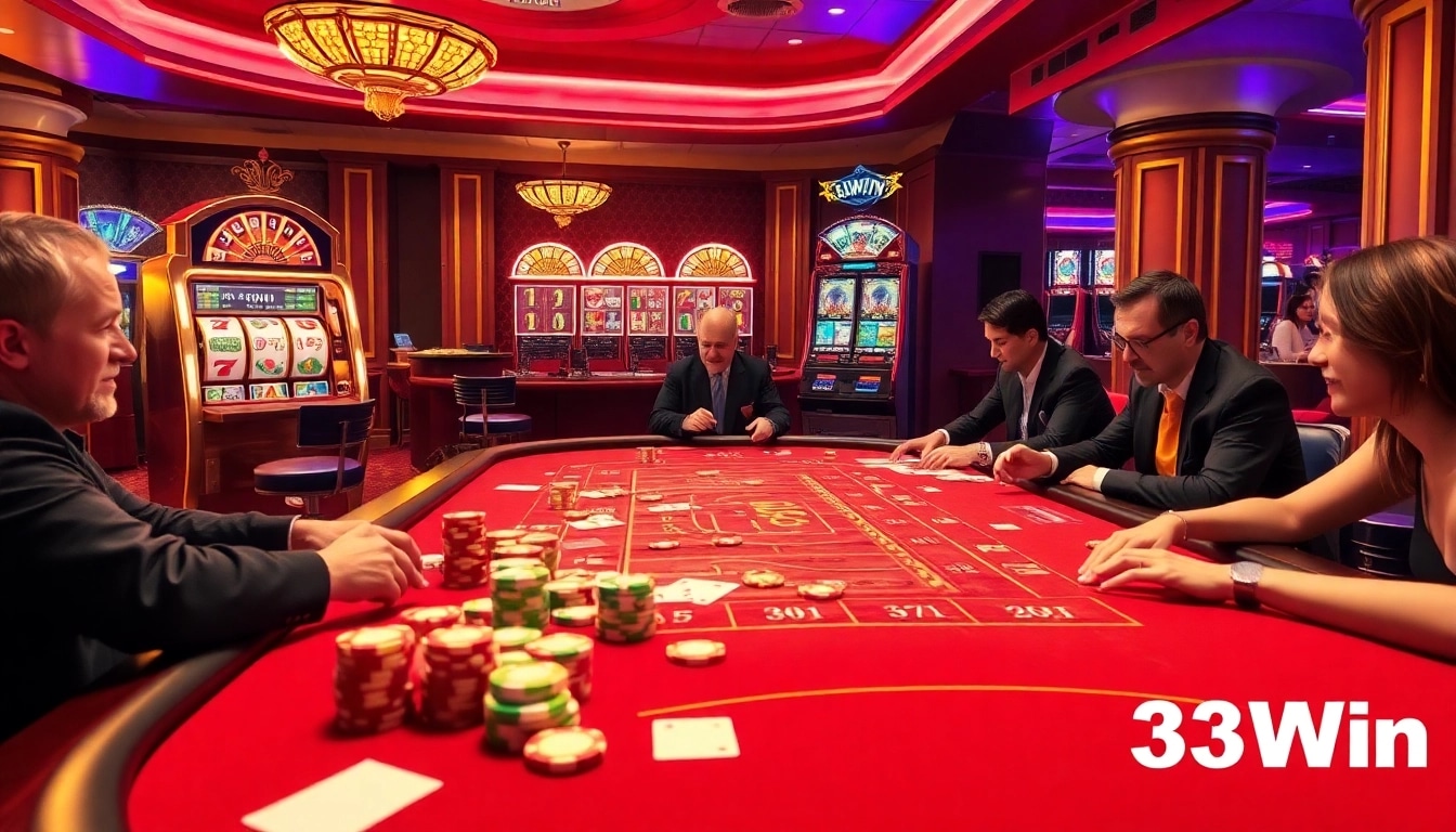 Exciting gambling scene at 33Win casino with vibrant gaming table, cards, and chips.