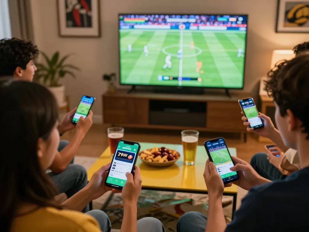 Friends enjoying live sports betting on the 79win app during a game, creating an exciting atmosphere