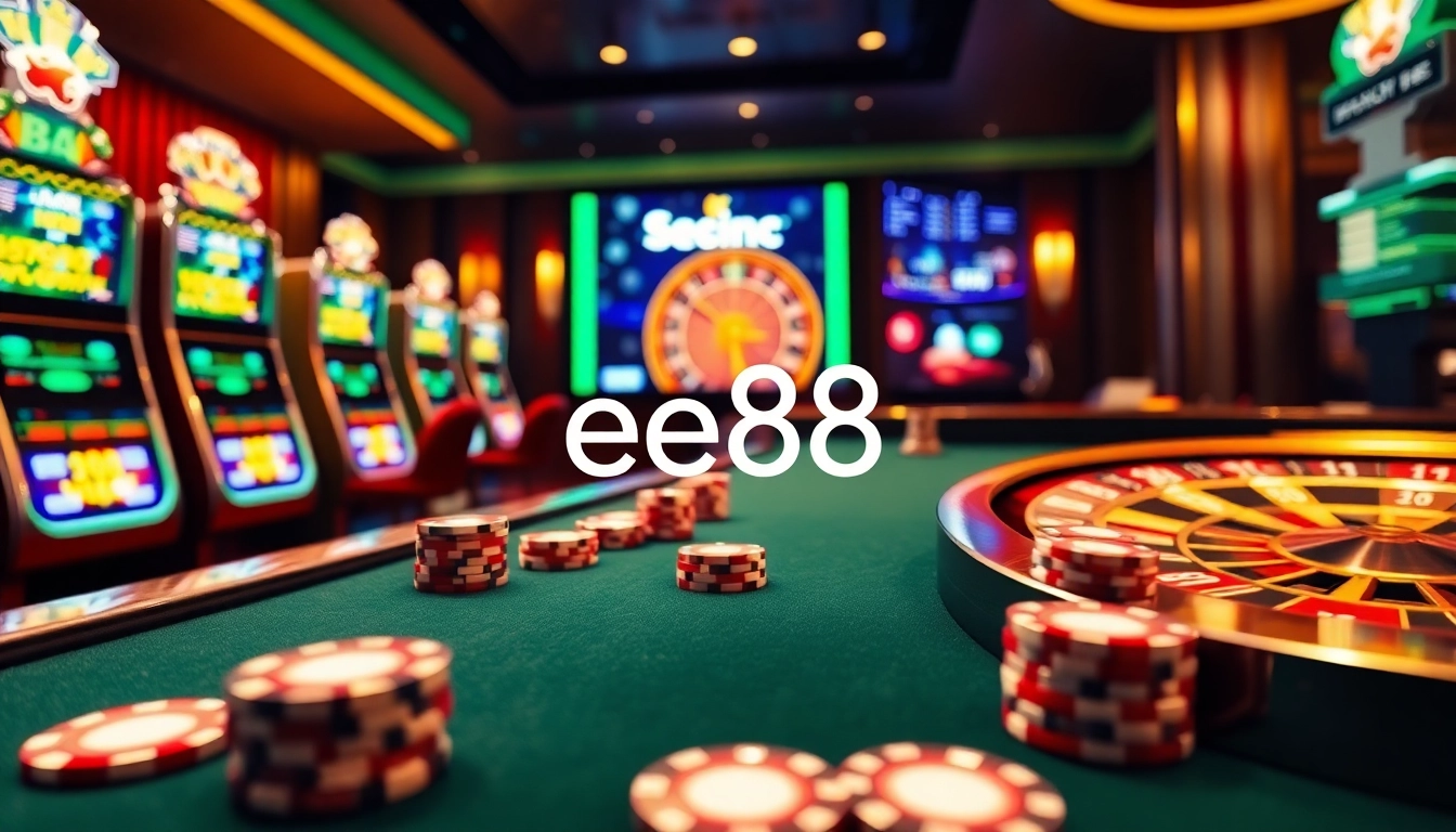 Experience the thrill of ee88 at a luxurious casino with vibrant slot machines and polished poker tables.