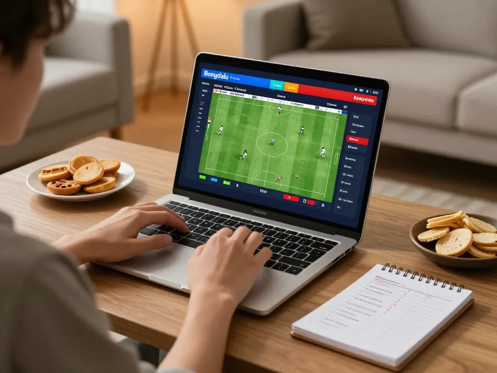 Bongdallu user engaging in sports betting at home, displaying live odds and betting strategy notes.