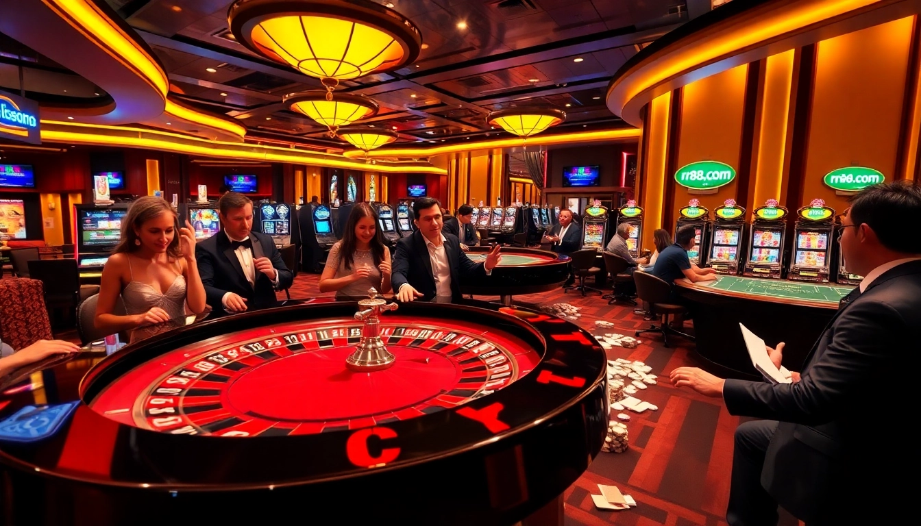 Experience thrilling gameplay at rr88.com with a busy casino scene filled with roulette, poker, and excitement.