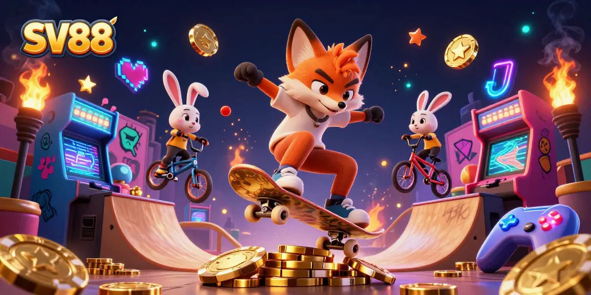 SV88 showcases a dynamic casino scene featuring a skateboarder fox and BMX rabbit in action.