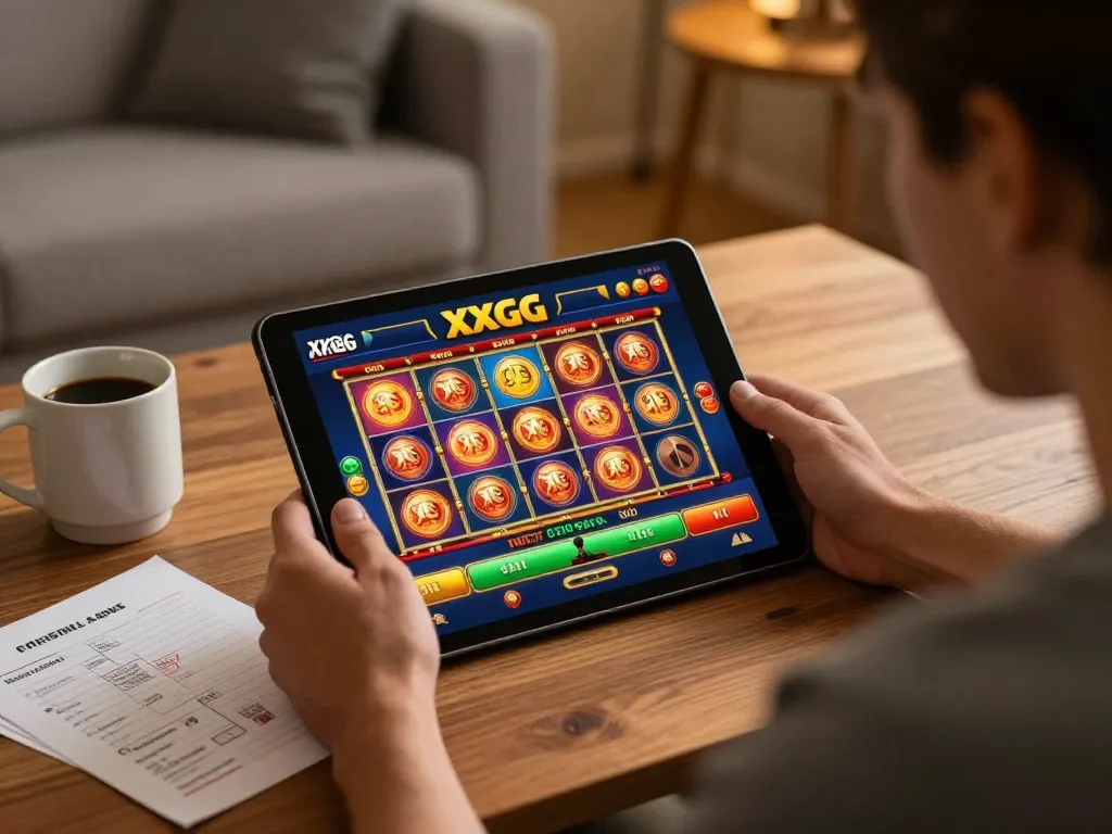 Player enjoying online casino gameplay on XXGG platform in a warm home environment