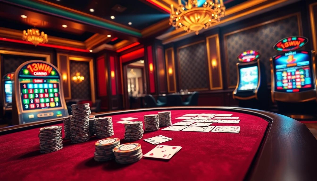 Experience luxury gambling at 13win with poker tables and vibrant slot machines.