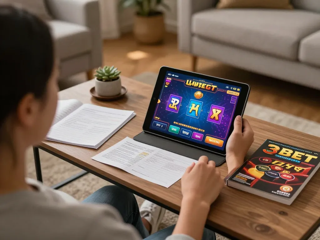 Player enjoying 3Bet online casino games with tablet in a cozy home setting