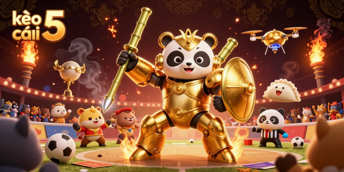 Engaging scene showcasing kèo nhà cái 5 with a mech-suit panda in a dynamic sports betting competition.