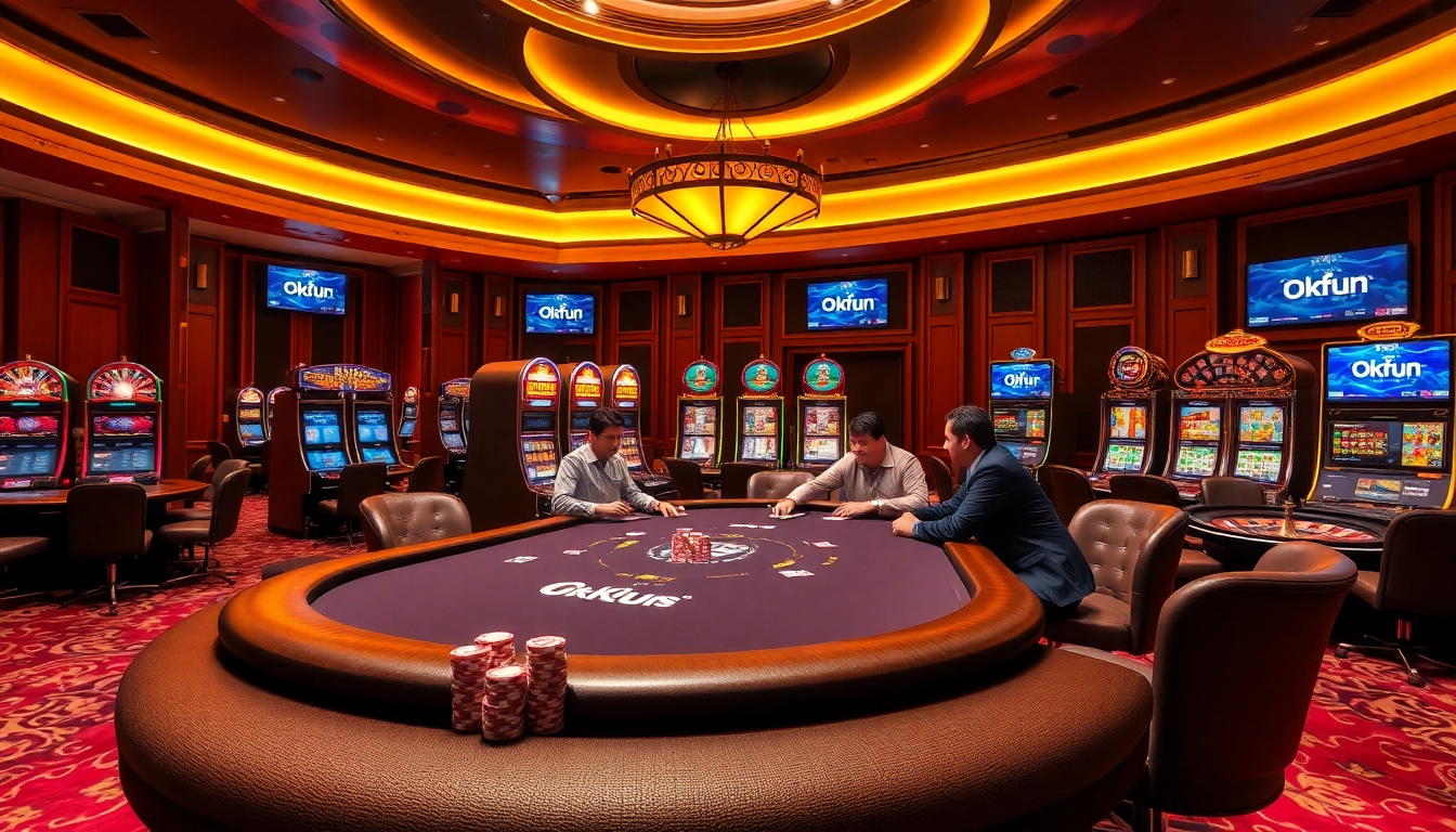 Experience thrilling gameplay at Okfun poker tables with vibrant chips and strategic action.