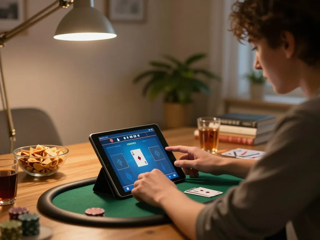 Player strategizing on lc88 while enjoying online poker in a cozy home office.