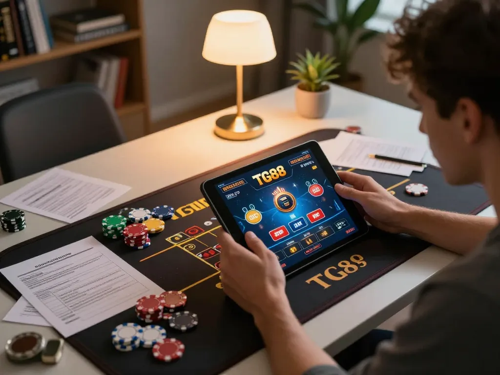 Player engaging with TG88 casino app and poker strategies at home.