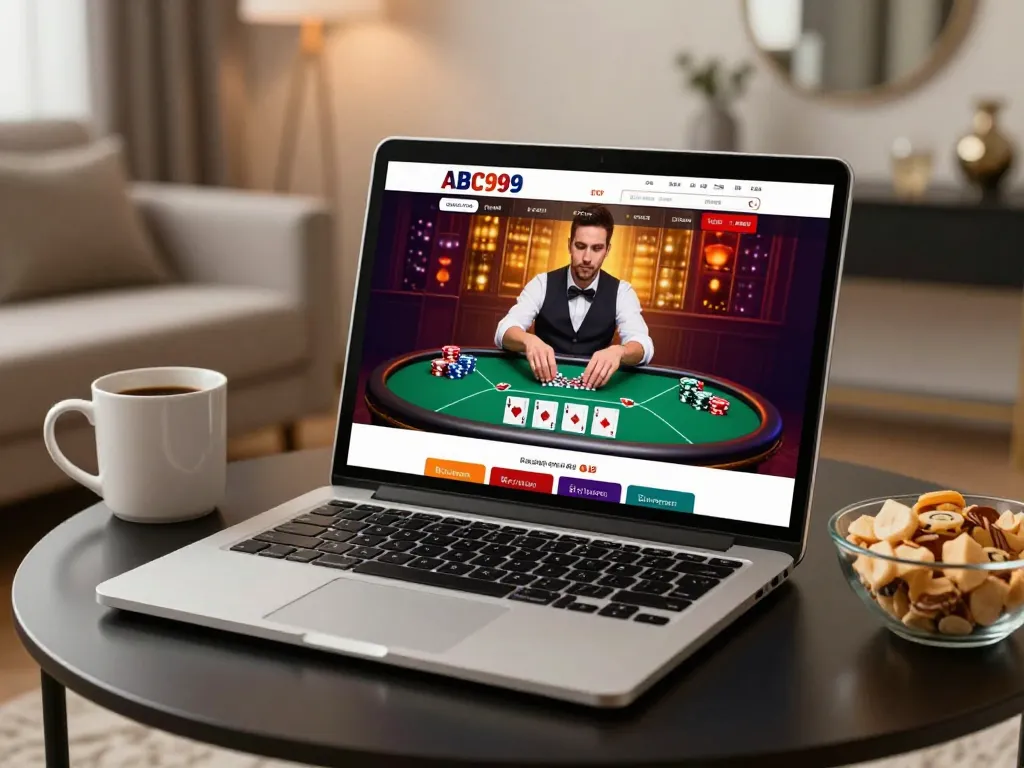 ABC999 player engaging in online poker at home with chips and cards on screen.