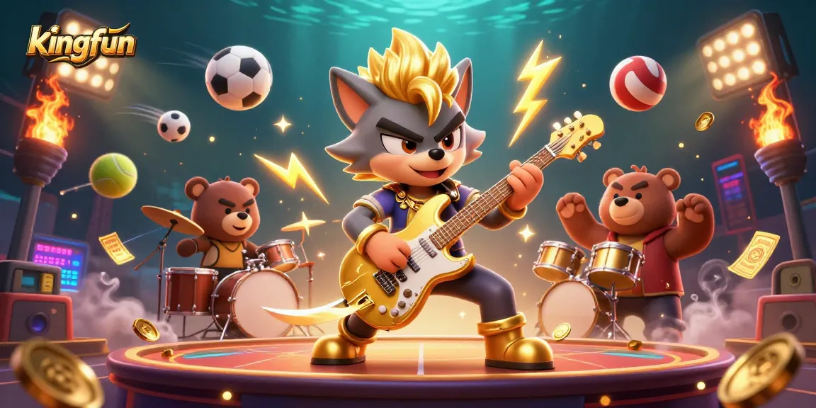 The kingfun gaming scene features a dynamic cartoon wolf rock star and a wild bear drummer amid casino elements.