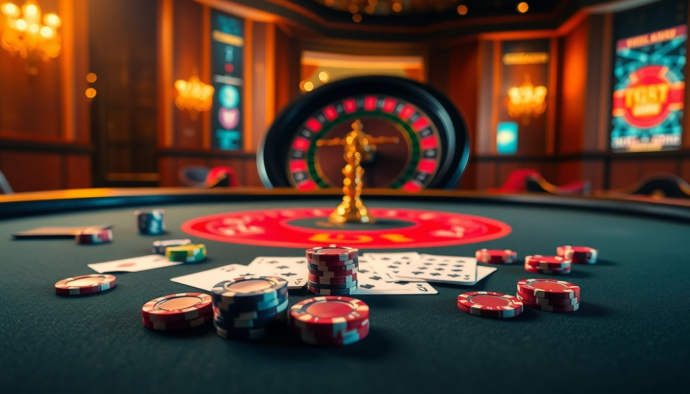 Experience the thrill of high-stakes gambling at TG88's luxurious casino tables with vibrant poker chips and cards.