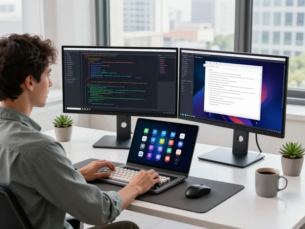 Developer using clawbot for productivity in modern office workspace with dual monitors and coding tools.