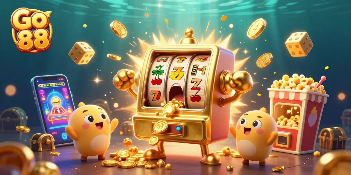 Experience Go 88 excitement as animated slot machines celebrate a jackpot eruption.